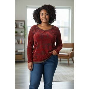 Simply Vera Wang Shirt Womens Size L Red Grey Black Velvet Floral Semi Sheer